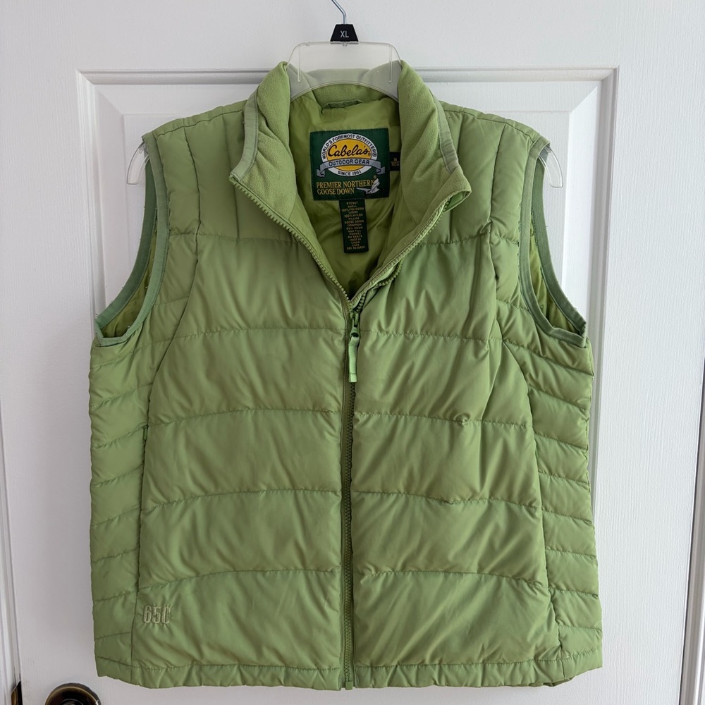 Cabelas 650 Goose Down Puffer Vest Womens M Light Green Multiple Pockets